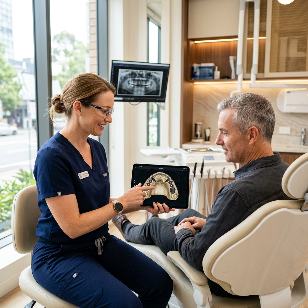 Dentist consulting patient on All-on-6 dental implants showing jaw structure scan on a digital tablet