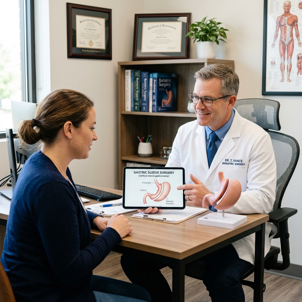 Bariatric surgeon explaining gastric sleeve to patient in clinical office