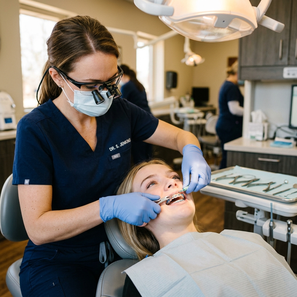 Orthodontist adjusting dental braces wires