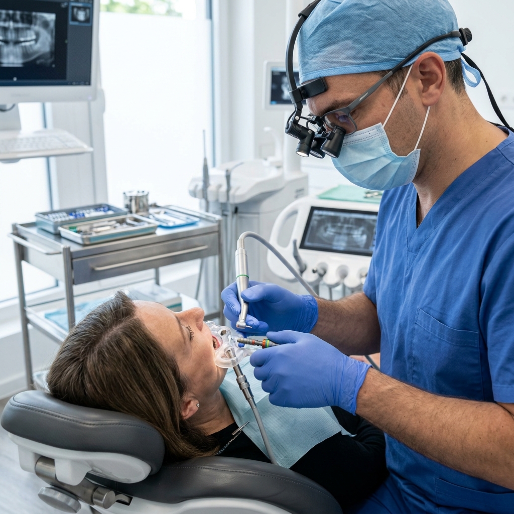 Oral surgeon placing a Straumann implant using a printed surgical guide