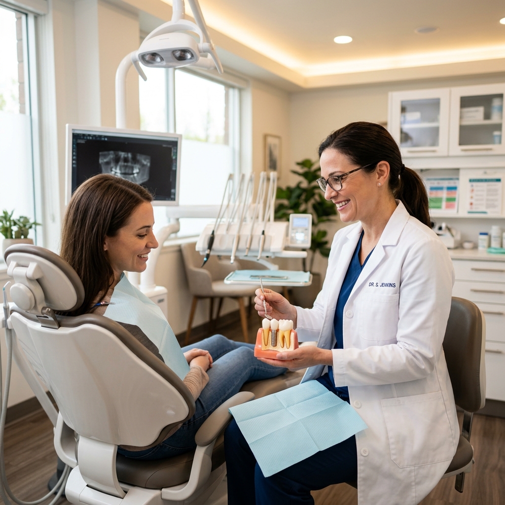 Dentist instructing patient on how to clean a dental implant using a realistic tooth model