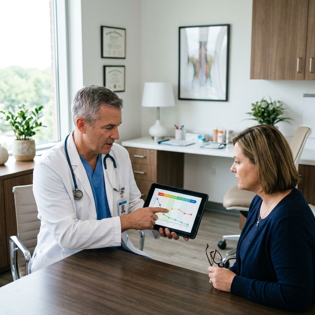 Surgeon presenting weight loss chart on tablet to patient