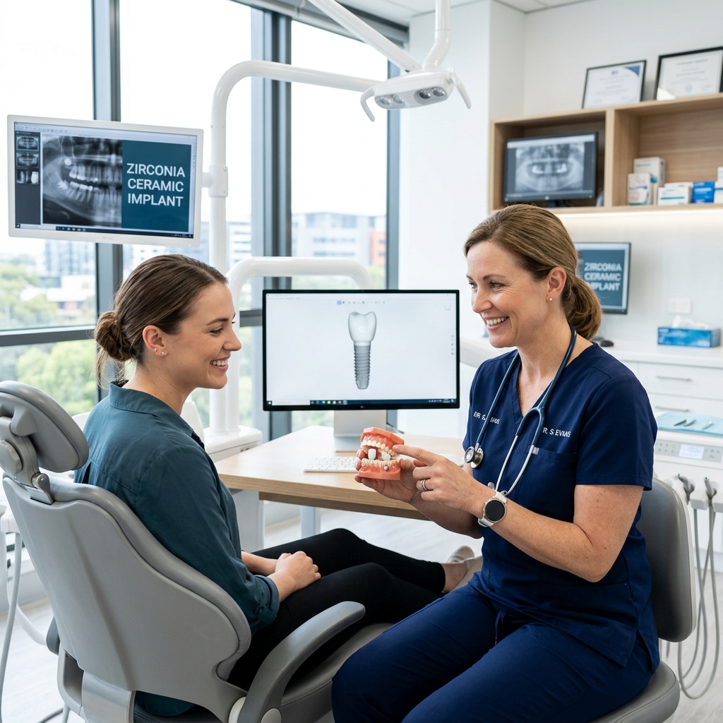 Dentist consulting patient about metal-free zirconia dental implants